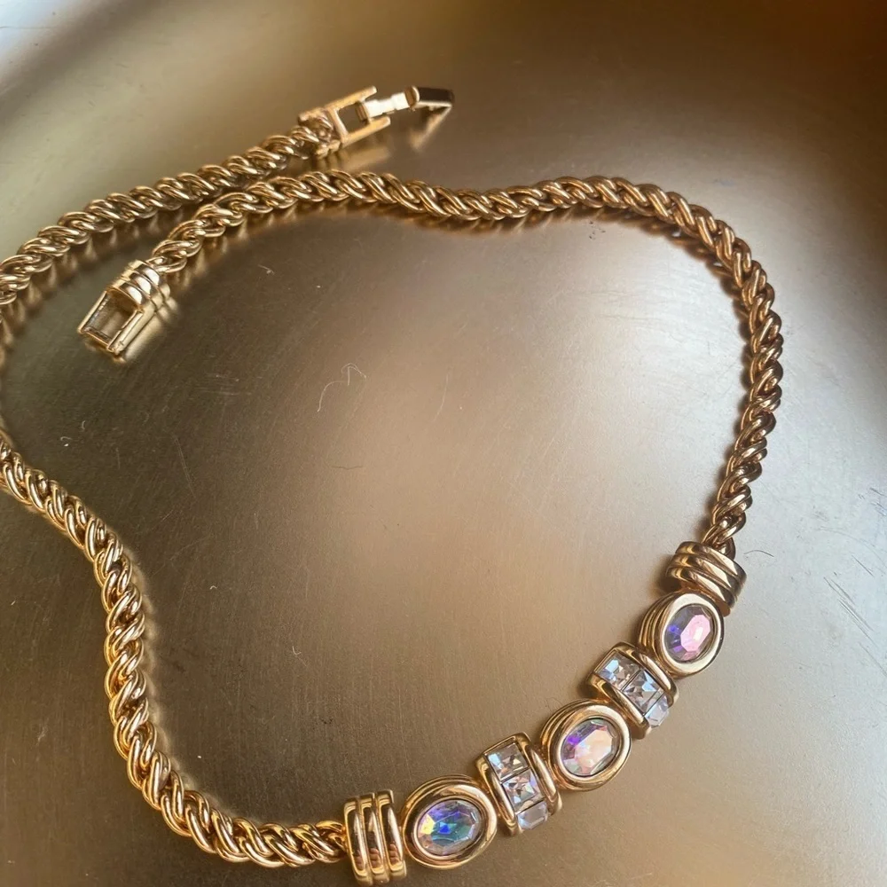 VERY RARE SWAROVSKI vintage Aurora Borealis gold tone statement necklace